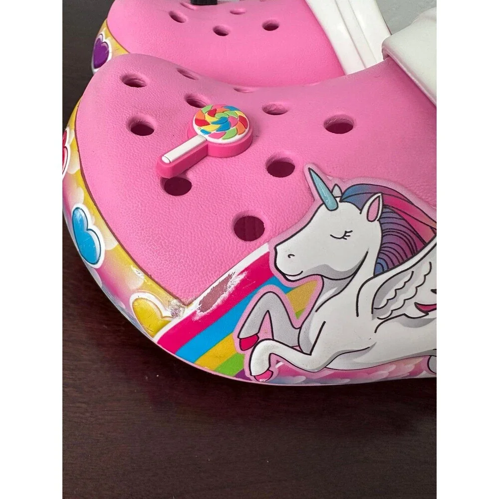 Crocs J1 Kids Pink Unicorn Rainbow Hearts Clogs Jibbitz Shoes Good Condition
